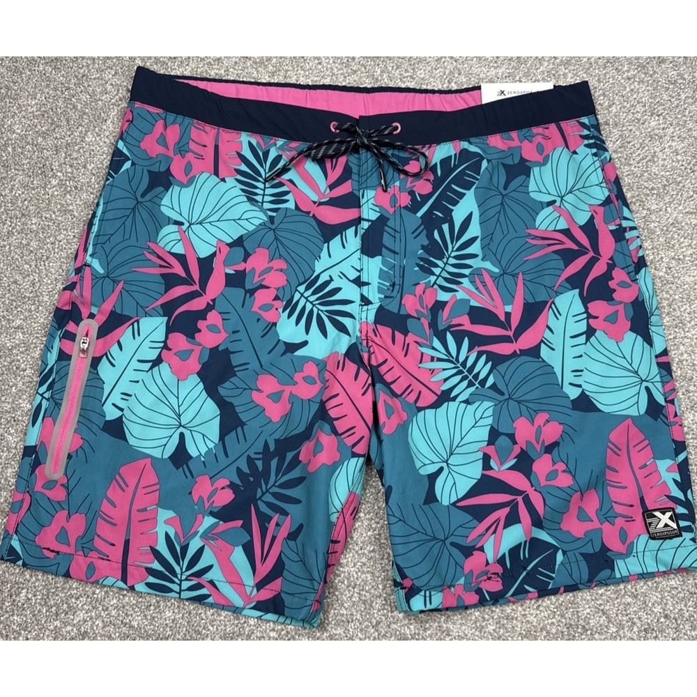 ZeroXposur Swim Trunks Men‎ XL Tropical Floral Pink Blue Stretch NWT